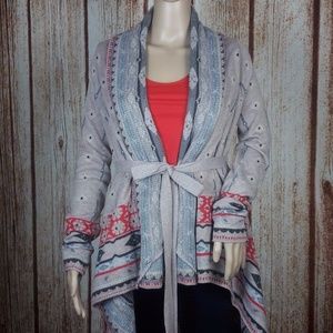 Freeway Tribal Shawl Collar Belt Open Cardigan